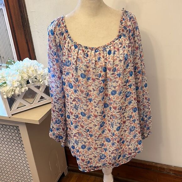 Sanctuary red white blue floral long split sleeve blouse Size L New - Picture 2 of 11